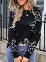 Angel Wings Flower Round Neck Dropped Shoulder Sweater - V.I.P Digital Presence