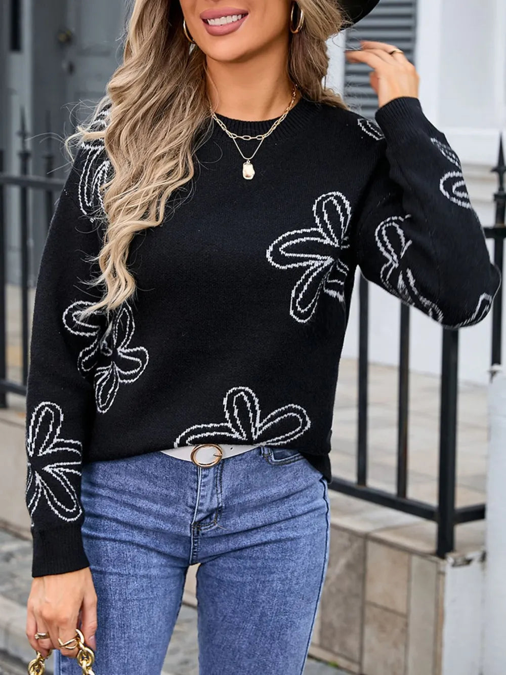 Angel Wings Flower Round Neck Dropped Shoulder Sweater - V.I.P Digital Presence