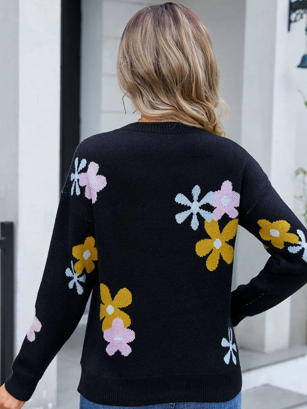 Angel Wings Flower Round Neck Dropped Shoulder Sweater - V.I.P Digital Presence