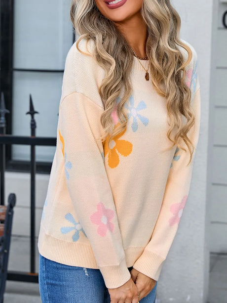 Angel Wings Flower Round Neck Dropped Shoulder Sweater - V.I.P Digital Presence