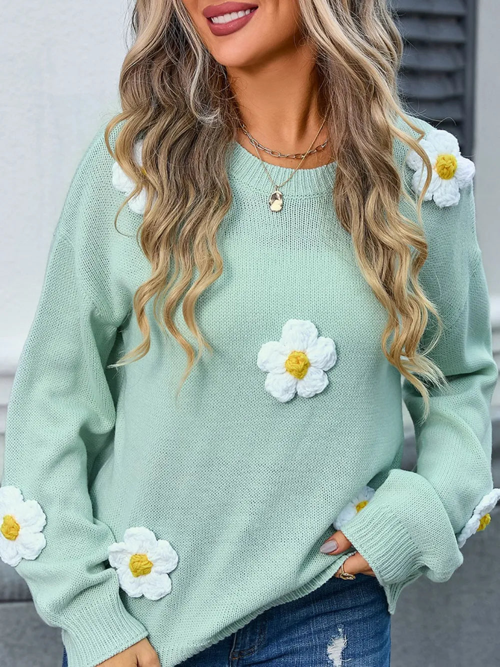 Angel Wings Flower Round Neck Long Sleeve Sweater - V.I.P Digital Presence