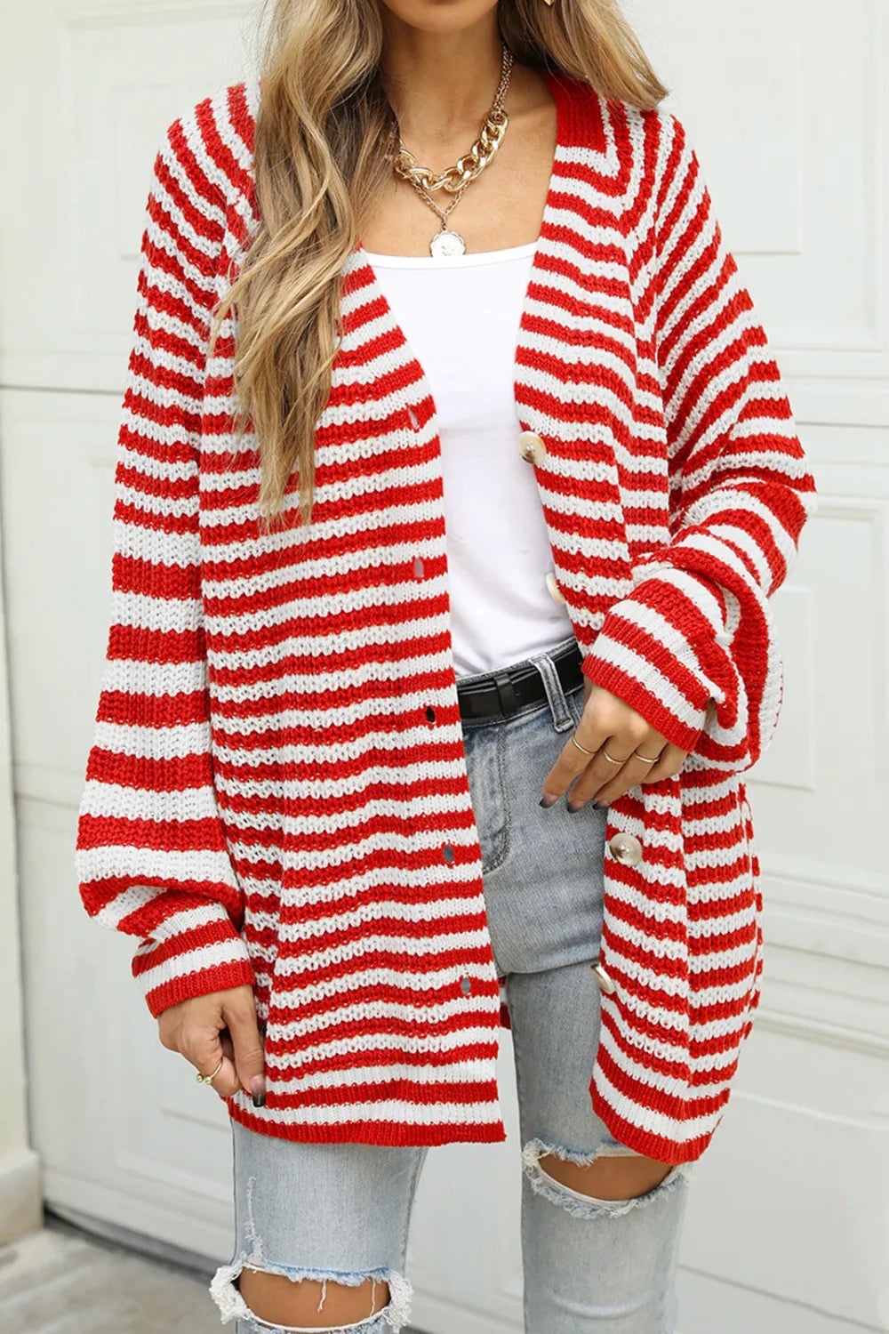 Angel Wings Striped Button Up Long Sleeve Cardigan - V.I.P Digital Presence
