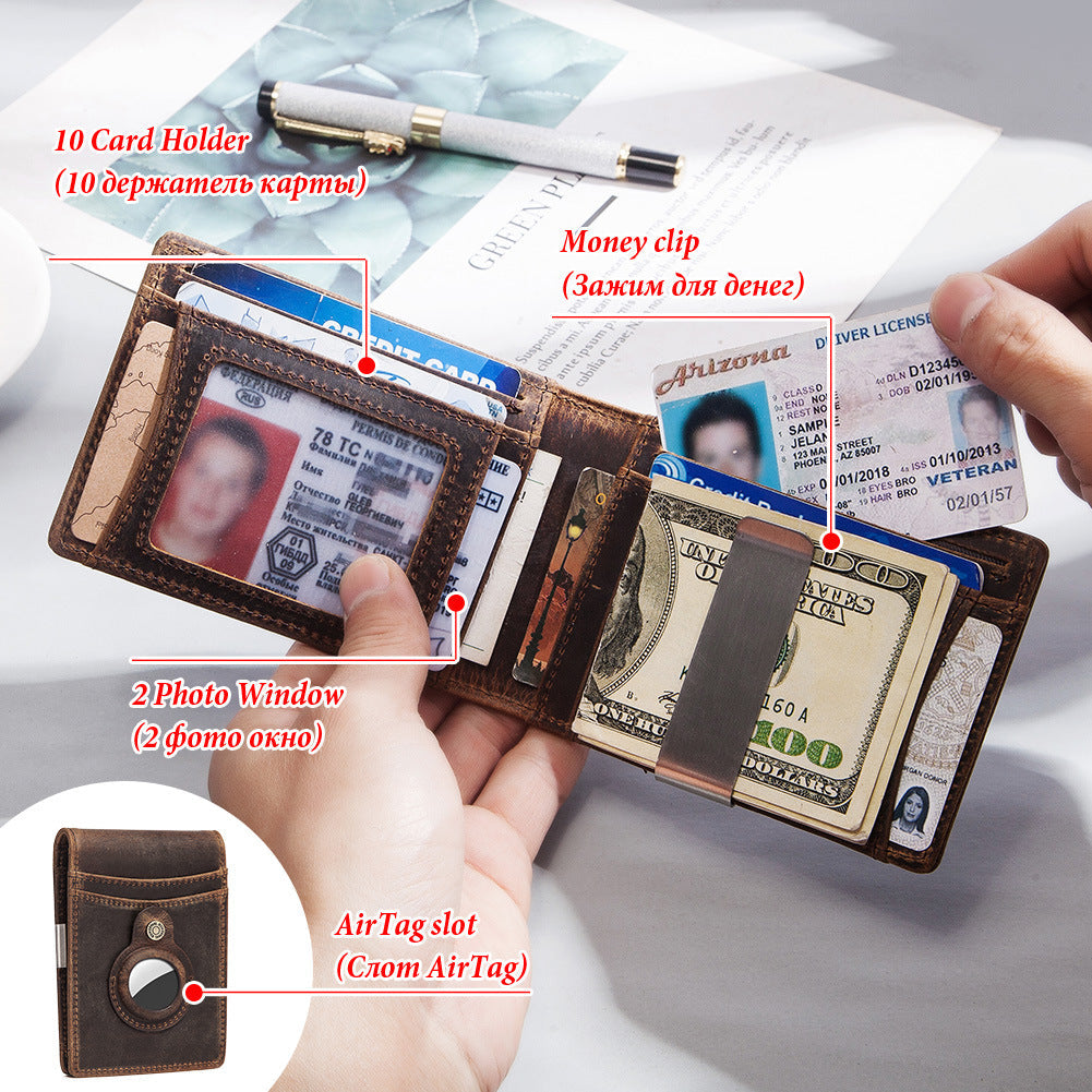Anti-Magnetic Change Clip Head Layer Cowhide Suitable For Airtag Anti-Lost Device Dollar Clip Leather Men's Wallet - V.I.P Digital Presence