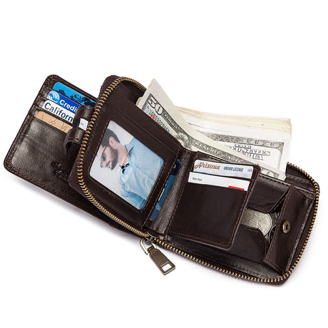 Anti-Theft Brush Men's Leather Wallet Top Layer Cowhide Short Coin Purse Zipper Retro Leather Men Bag - V.I.P Digital Presence