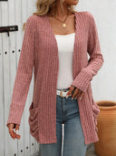 Autumn and winter new solid color pit stripe brushed pocket cardigan long sleeved jacket for women - V.I.P Digital Presence