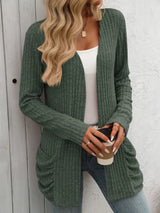 Autumn and winter new solid color pit stripe brushed pocket cardigan long sleeved jacket for women - V.I.P Digital Presence