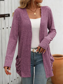 Autumn and winter new solid color pit stripe brushed pocket cardigan long sleeved jacket for women - V.I.P Digital Presence