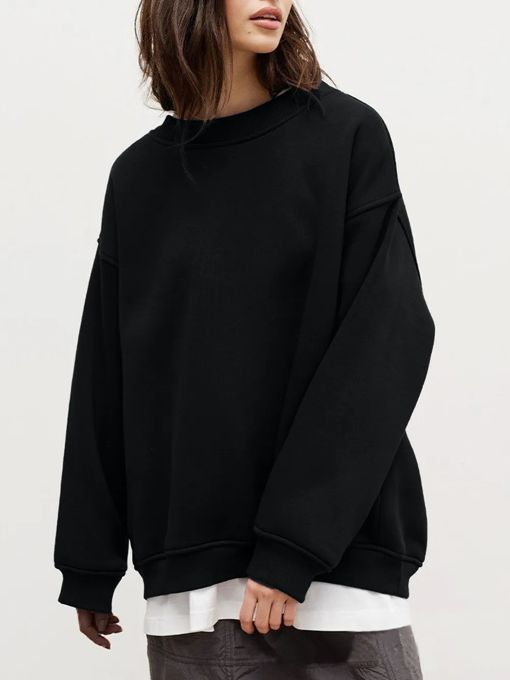 Autumn and winter new solid color round neck loose pullover sweatshirt long sleeved fleece sweater for women - V.I.P Digital Presence