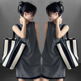 Black and white contrasting wide shoulder strap women's bag large capacity tote bag bucket bag - V.I.P Digital Presence