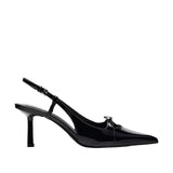Black patent leather bow with pointed tip thin heel and a shallow strap for women's sandals - V.I.P Digital Presence