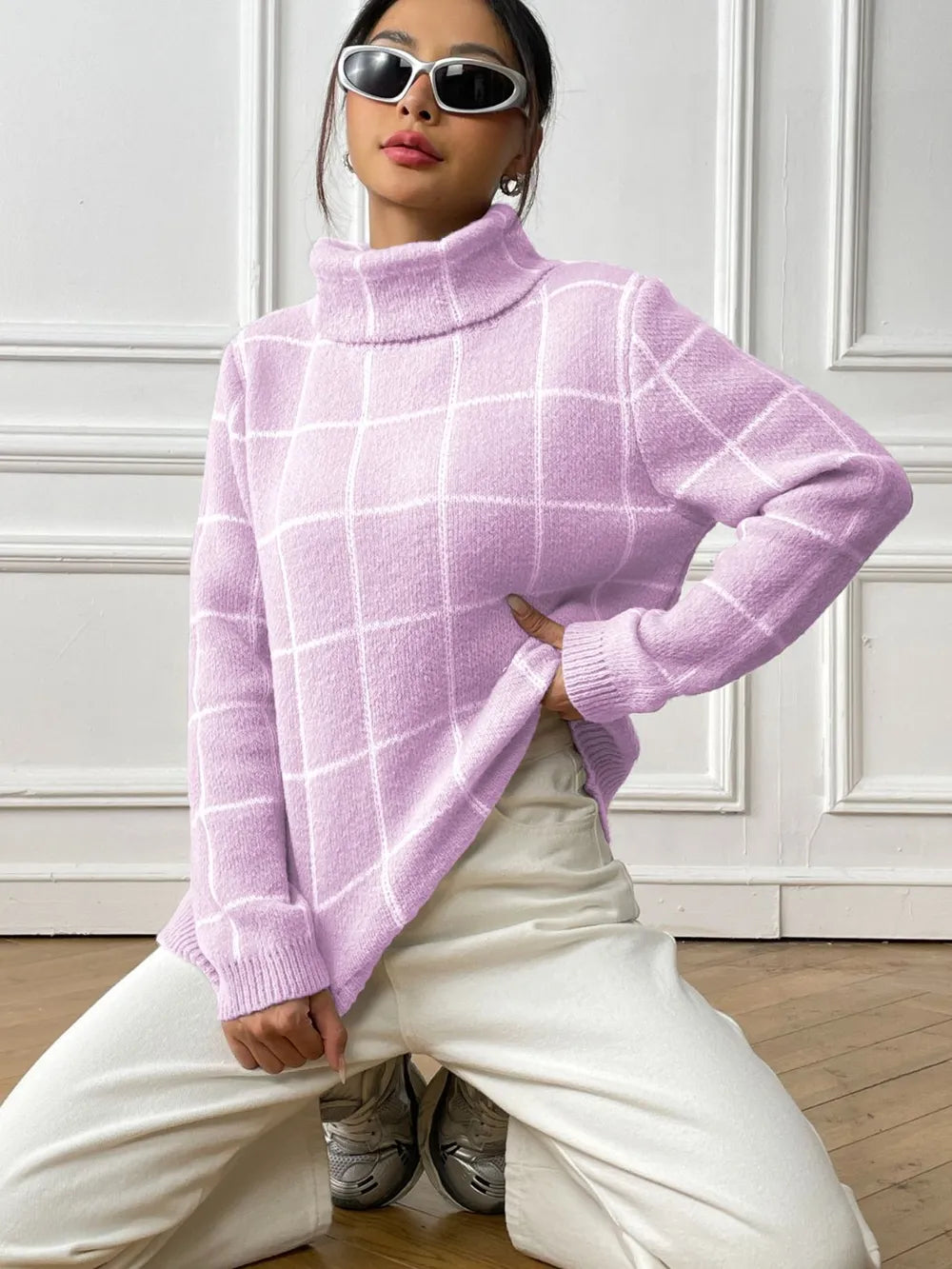 Bottom layer shirt contrasting plaid high neck sweater top - V.I.P Digital Presence