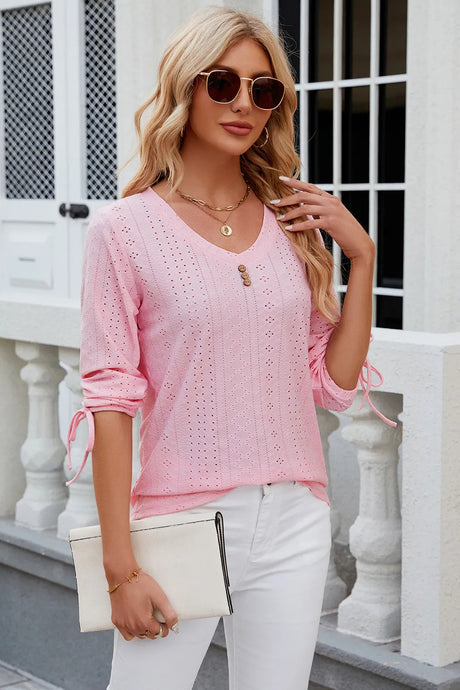 Button V-neck solid color mid sleeve loose T-shirt top for women's wear - V.I.P Digital Presence