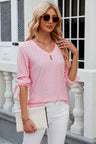 Button V-neck solid color mid sleeve loose T-shirt top for women's wear - V.I.P Digital Presence