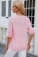 Button V-neck solid color mid sleeve loose T-shirt top for women's wear - V.I.P Digital Presence