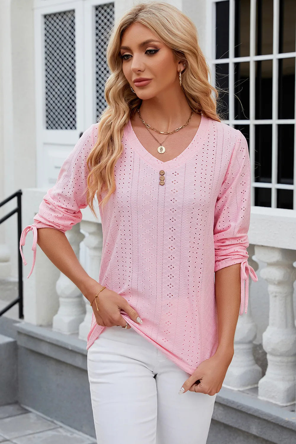 Button V-neck solid color mid sleeve loose T-shirt top for women's wear - V.I.P Digital Presence