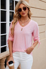 Button V-neck solid color mid sleeve loose T-shirt top for women's wear - V.I.P Digital Presence