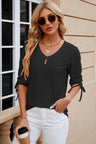 Button V-neck solid color mid sleeve loose T-shirt top for women's wear - V.I.P Digital Presence