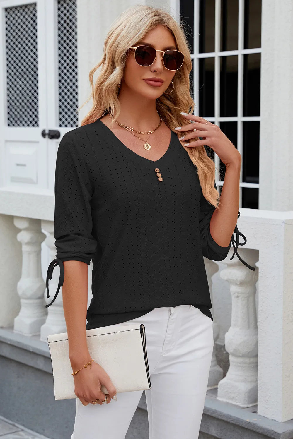 Button V-neck solid color mid sleeve loose T-shirt top for women's wear - V.I.P Digital Presence
