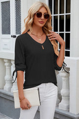 Button V-neck solid color mid sleeve loose T-shirt top for women's wear - V.I.P Digital Presence