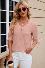 Button V-neck solid color mid sleeve loose T-shirt top for women's wear - V.I.P Digital Presence