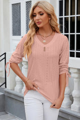 Button V-neck solid color mid sleeve loose T-shirt top for women's wear - V.I.P Digital Presence