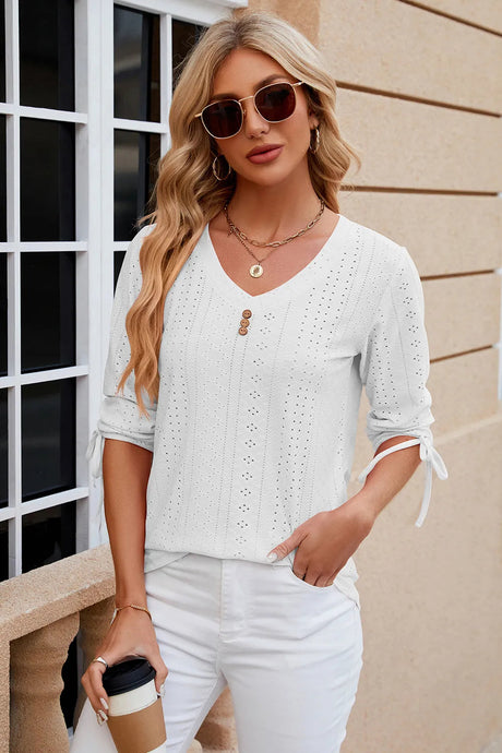 Button V-neck solid color mid sleeve loose T-shirt top for women's wear - V.I.P Digital Presence