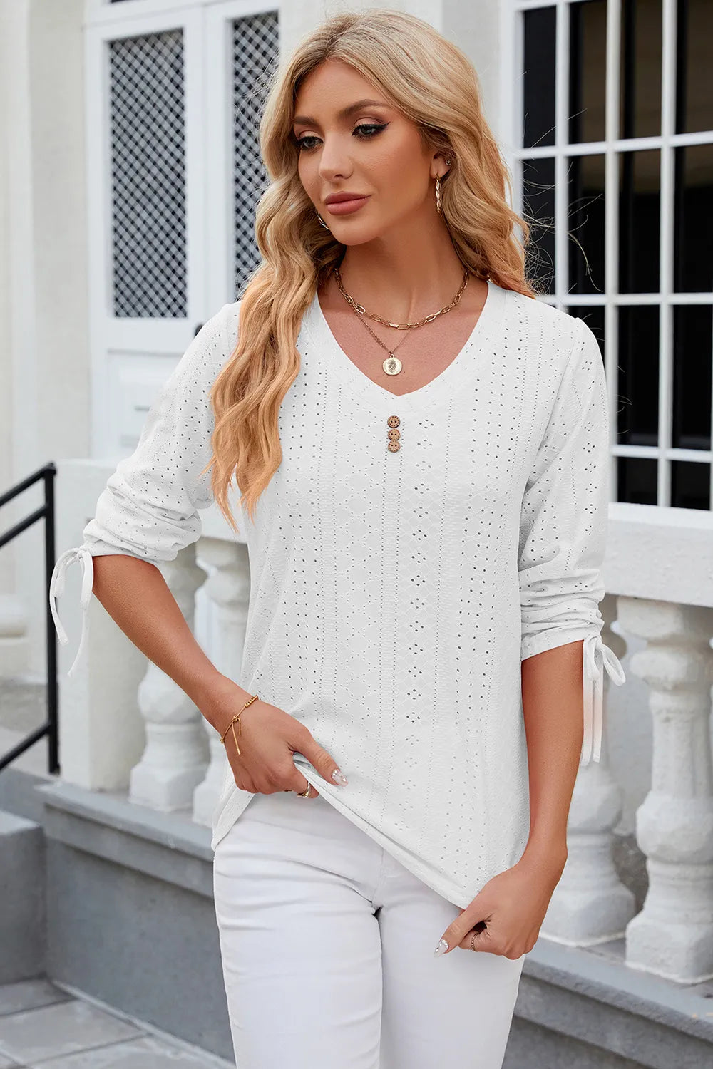 Button V-neck solid color mid sleeve loose T-shirt top for women's wear - V.I.P Digital Presence