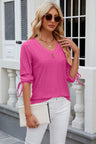 Button V-neck solid color mid sleeve loose T-shirt top for women's wear - V.I.P Digital Presence