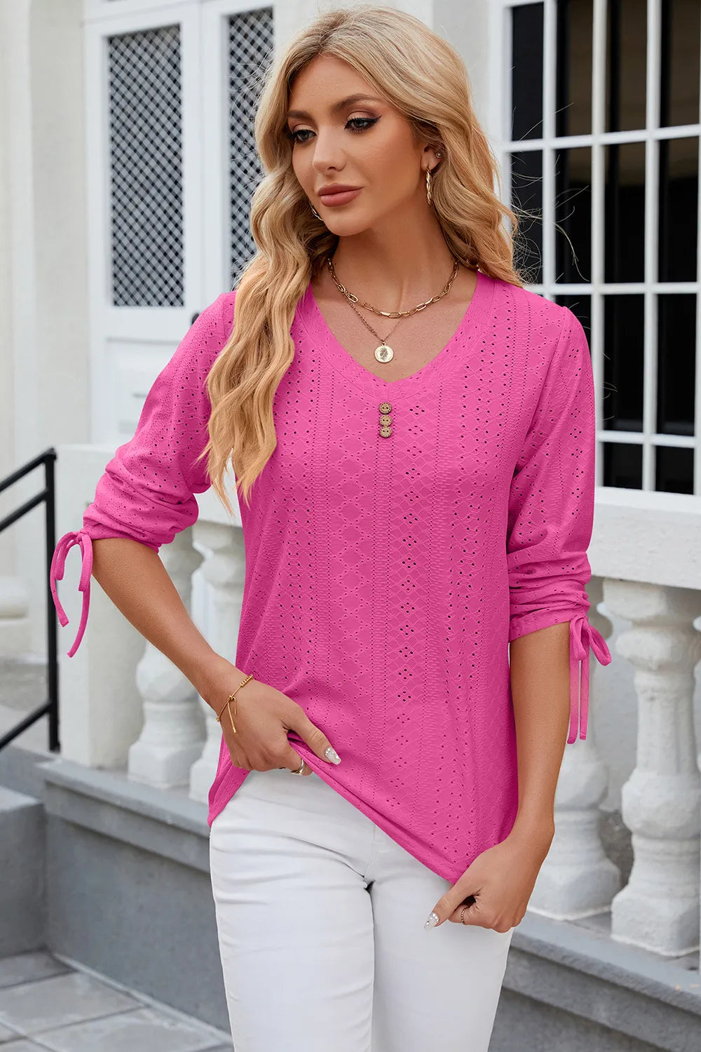 Button V-neck solid color mid sleeve loose T-shirt top for women's wear - V.I.P Digital Presence