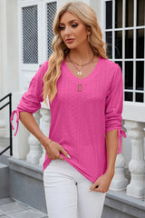 Button V-neck solid color mid sleeve loose T-shirt top for women's wear - V.I.P Digital Presence