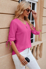 Button V-neck solid color mid sleeve loose T-shirt top for women's wear - V.I.P Digital Presence