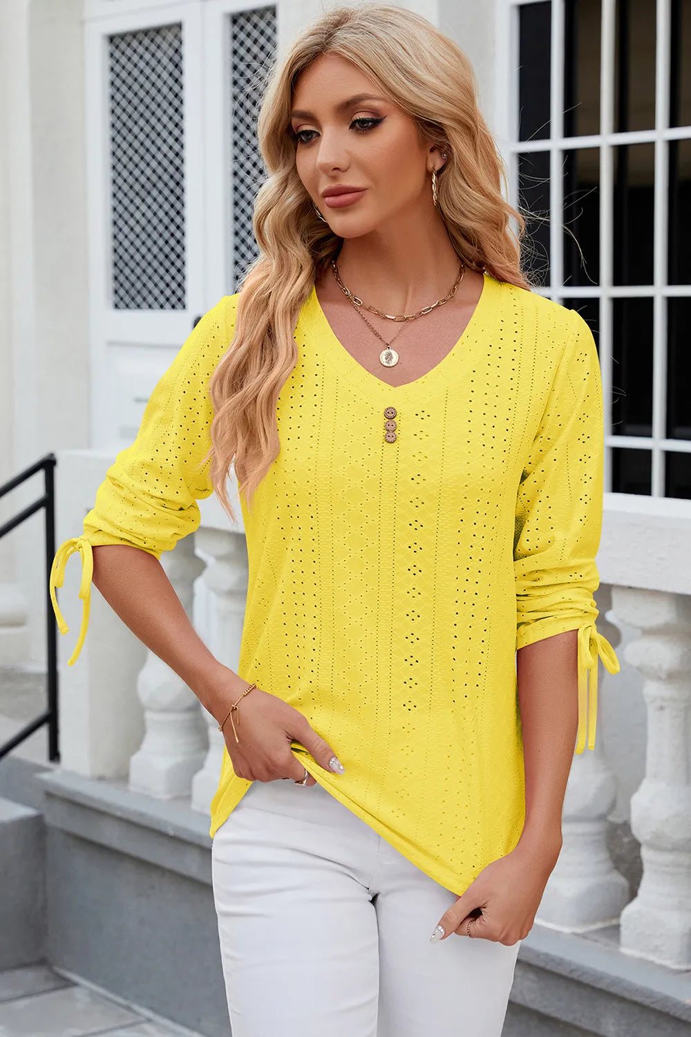 Button V-neck solid color mid sleeve loose T-shirt top for women's wear - V.I.P Digital Presence