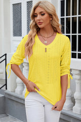 Button V-neck solid color mid sleeve loose T-shirt top for women's wear - V.I.P Digital Presence