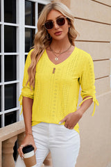 Button V-neck solid color mid sleeve loose T-shirt top for women's wear - V.I.P Digital Presence