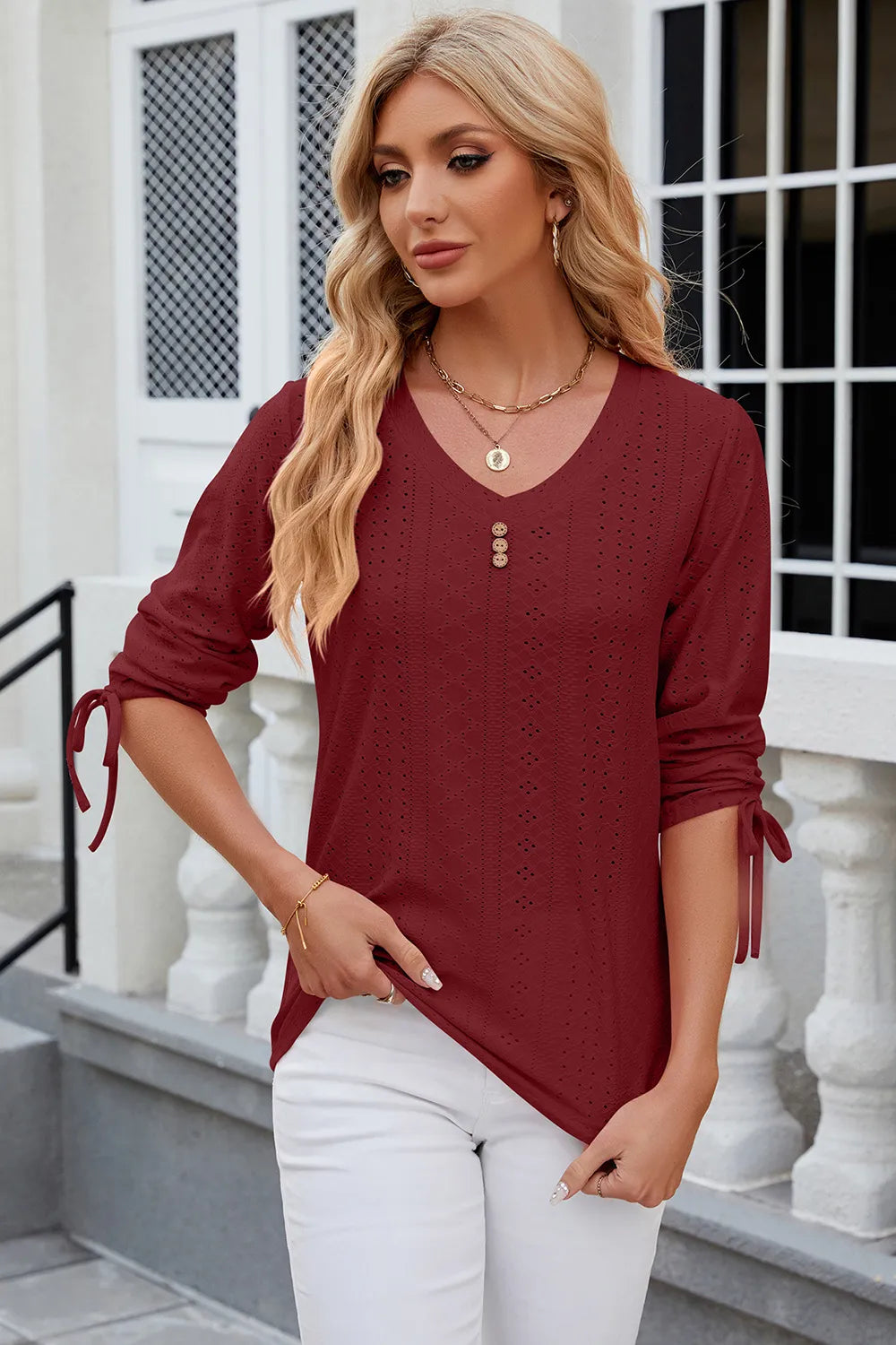Button V-neck solid color mid sleeve loose T-shirt top for women's wear - V.I.P Digital Presence