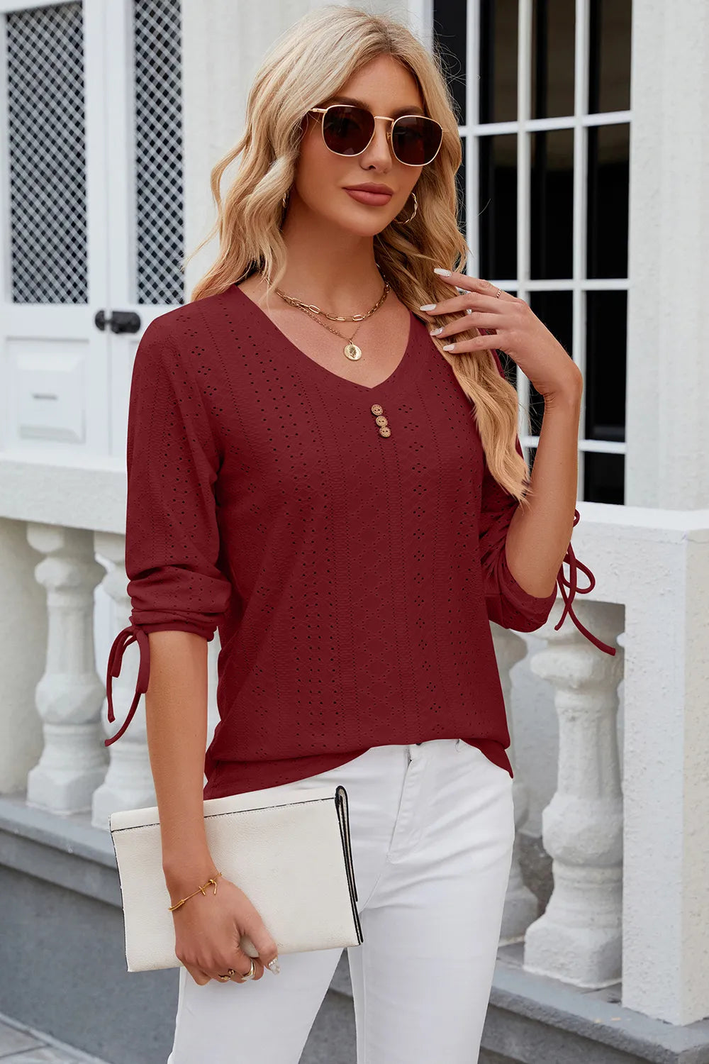 Button V-neck solid color mid sleeve loose T-shirt top for women's wear - V.I.P Digital Presence