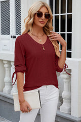 Button V-neck solid color mid sleeve loose T-shirt top for women's wear - V.I.P Digital Presence
