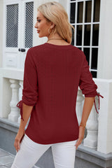 Button V-neck solid color mid sleeve loose T-shirt top for women's wear - V.I.P Digital Presence