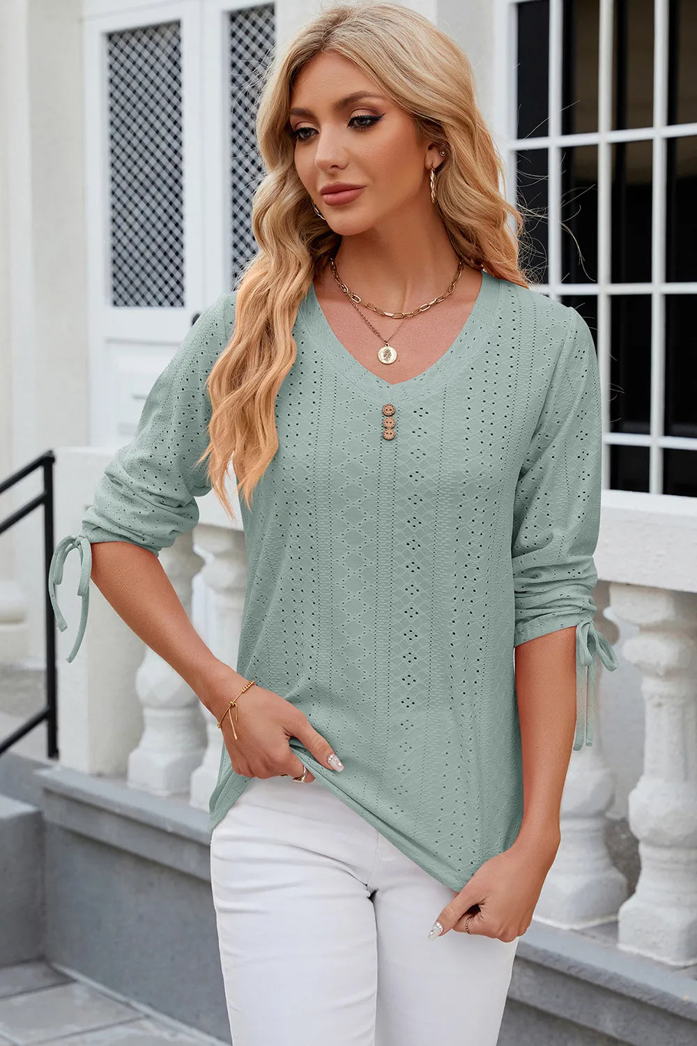 Button V-neck solid color mid sleeve loose T-shirt top for women's wear - V.I.P Digital Presence