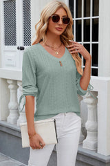 Button V-neck solid color mid sleeve loose T-shirt top for women's wear - V.I.P Digital Presence