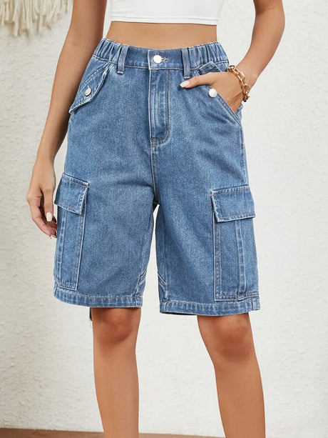Buttoned Elastic Waist Denim Shorts with Pockets - V.I.P Digital Presence