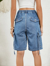 Buttoned Elastic Waist Denim Shorts with Pockets - V.I.P Digital Presence