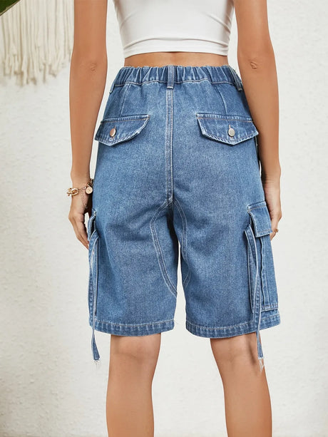 Buttoned Elastic Waist Denim Shorts with Pockets - V.I.P Digital Presence