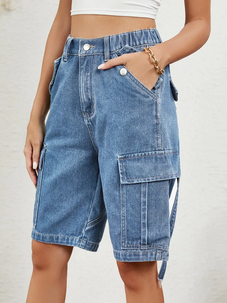 Buttoned Elastic Waist Denim Shorts with Pockets - V.I.P Digital Presence