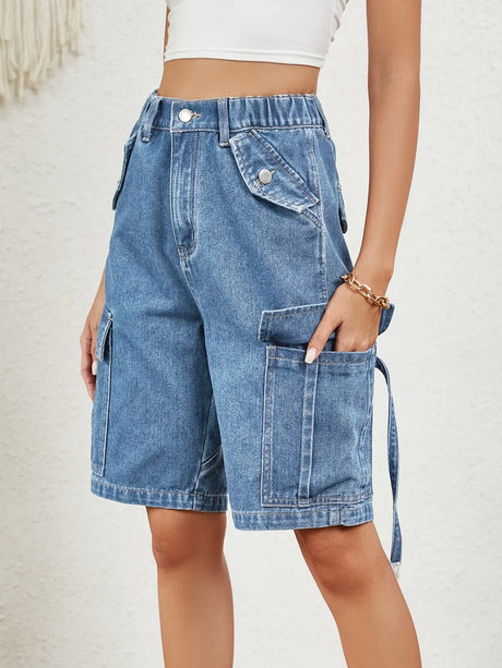 Buttoned Elastic Waist Denim Shorts with Pockets - V.I.P Digital Presence