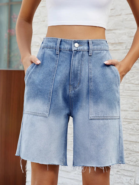 Buttoned Raw Hem Denim Shorts with Pockets - V.I.P Digital Presence