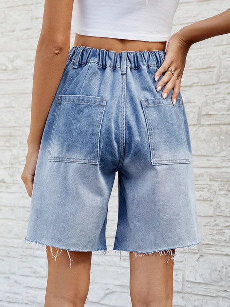 Buttoned Raw Hem Denim Shorts with Pockets - V.I.P Digital Presence