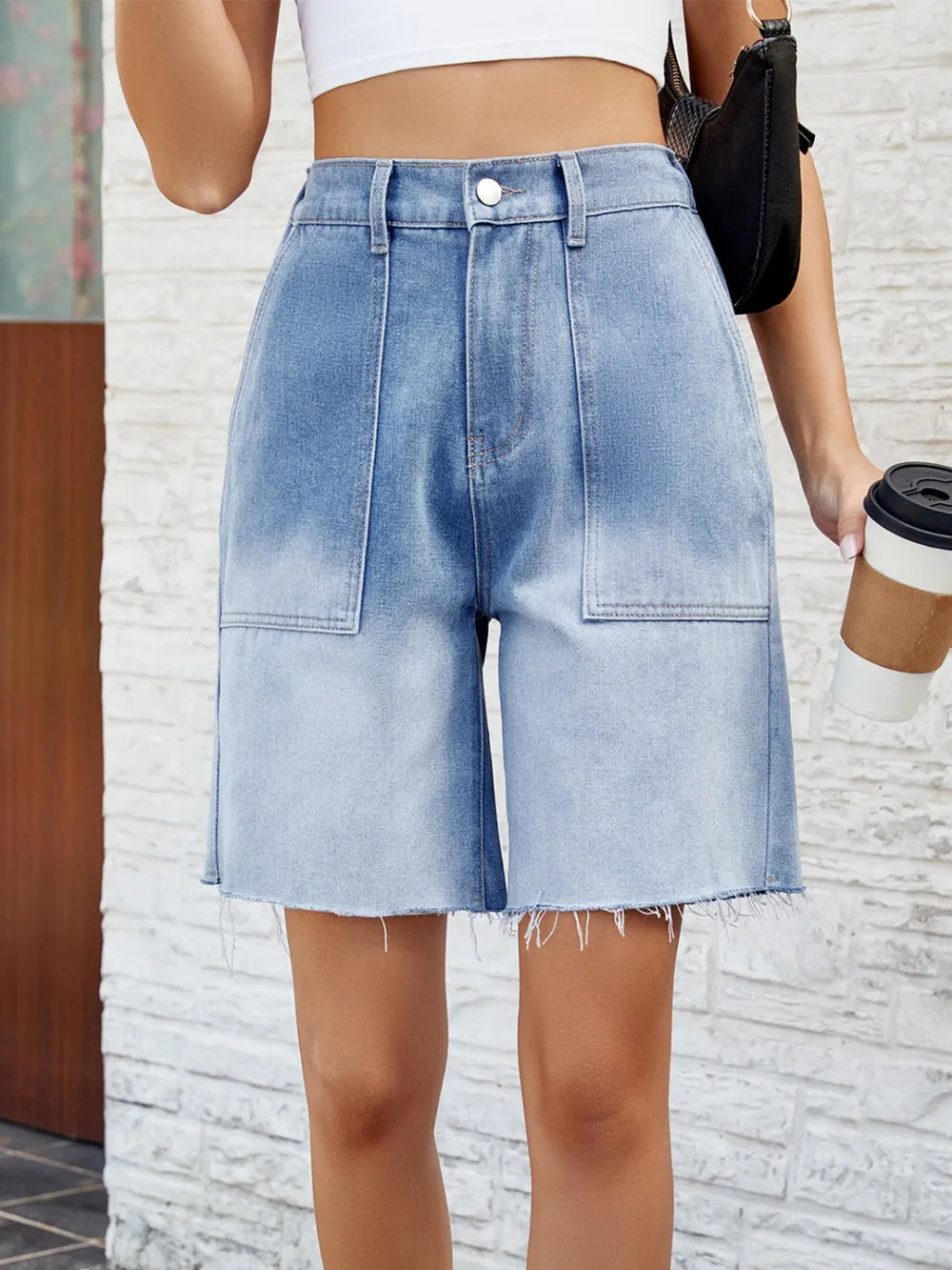 Buttoned Raw Hem Denim Shorts with Pockets - V.I.P Digital Presence