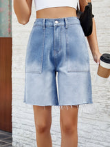Buttoned Raw Hem Denim Shorts with Pockets - V.I.P Digital Presence