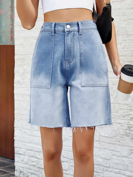 Buttoned Raw Hem Denim Shorts with Pockets - V.I.P Digital Presence